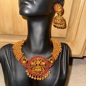 Temple Set in Gold and Pink Statement Necklace and Earring Set